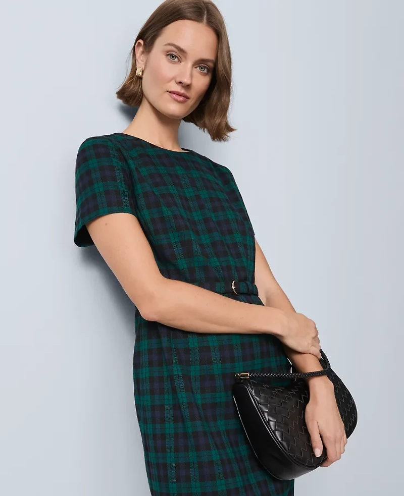 Ann Taylor Petite Plaid Belted Sheath Dress Rainforest Women's