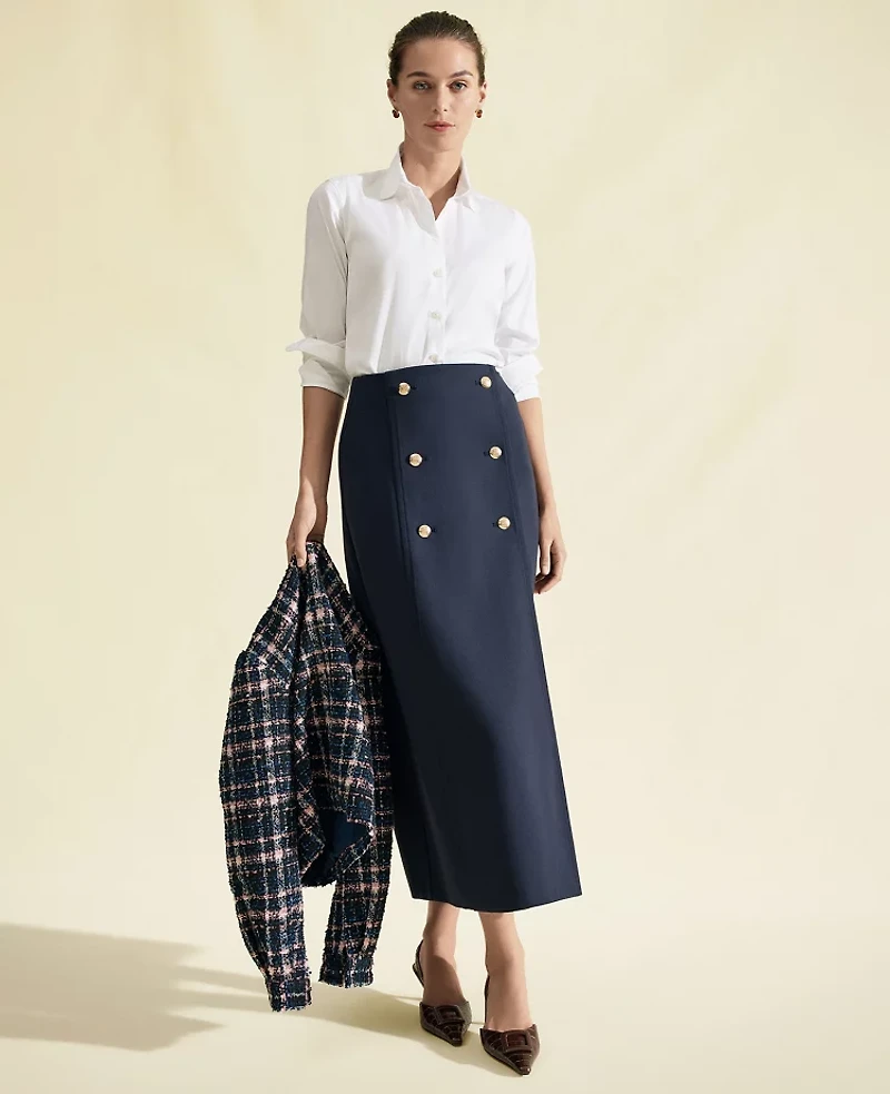 Ann Taylor Petite Ponte Button Wrap Midi Skirt Night Sky Women's