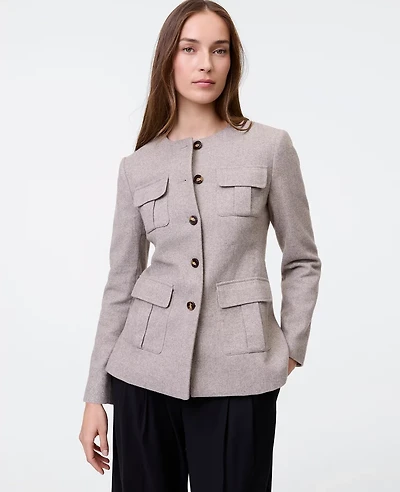 Ann Taylor The Petite Fitted Crew Neck Jacket Herringbone Mixed Tan Women's