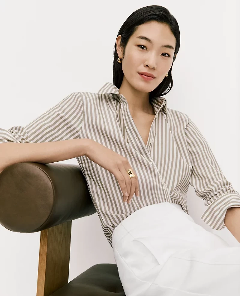 Ann Taylor Striped Relaxed Perfect Shirt Dried Moss Women's