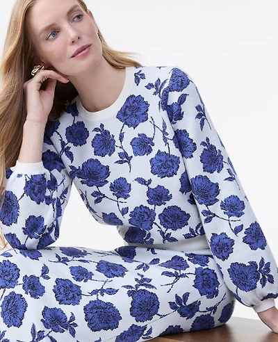 Ann Taylor Petite Floral Raglan Sweater Electric Periwinkle Women's