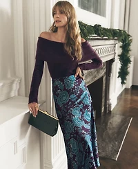 Ann Taylor Petite Floral Satin Midi Slip Skirt Aubergine Dream Women's