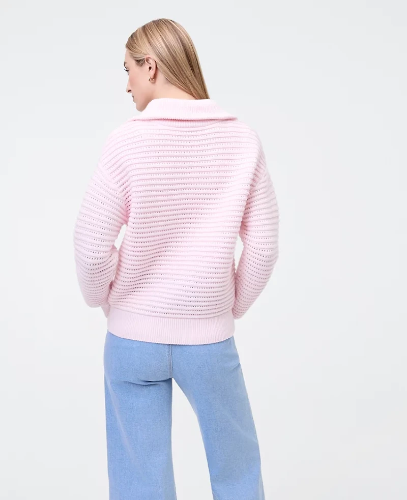 Ann Taylor Petite Weekend Collection Textured Stitch Half-Zip Sweater Soft Pink Heather Women's