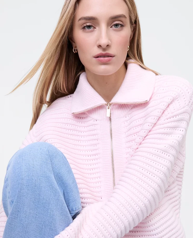 Ann Taylor Petite Weekend Collection Textured Stitch Half-Zip Sweater Soft Pink Heather Women's