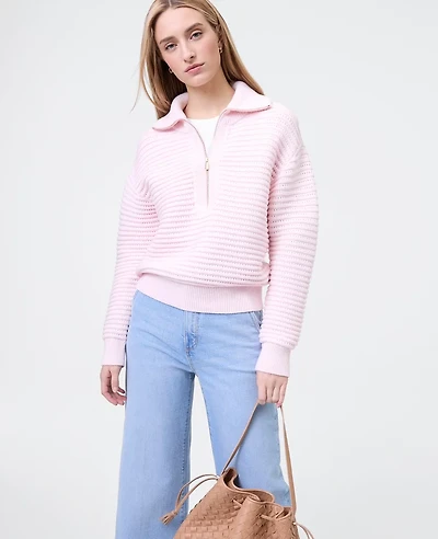 Ann Taylor Petite Weekend Collection Textured Stitch Half-Zip Sweater Soft Pink Heather Women's