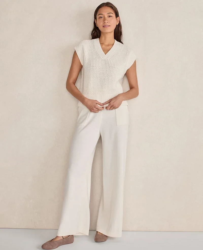 Ann Taylor Haven Well Within Organic Cotton Linen Shaker Stitch V-Neck Sweater Ivory Women's