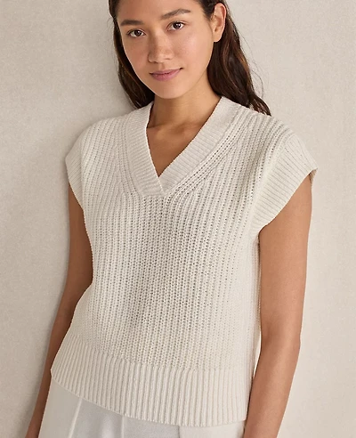Ann Taylor Haven Well Within Organic Cotton Linen Shaker Stitch V-Neck Sweater Ivory Women's