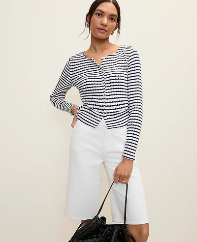 Ann Taylor Weekend Pointelle Cardigan Deep Navy/White Women's