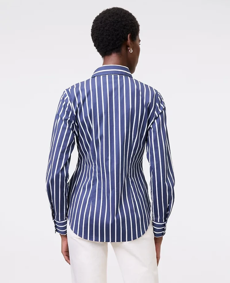 Ann Taylor Striped Tie Waist Button Down Shirt Subdued Navy Women's