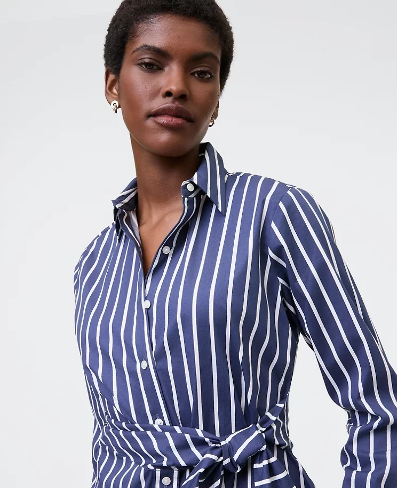 Ann Taylor Striped Tie Waist Button Down Shirt Subdued Navy Women's