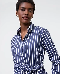 Ann Taylor Striped Tie Waist Button Down Shirt Subdued Navy Women's
