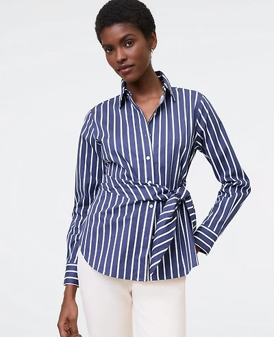 Ann Taylor Striped Tie Waist Button Down Shirt Subdued Navy Women's