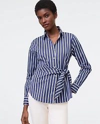 Ann Taylor Striped Tie Waist Button Down Shirt Subdued Navy Women's