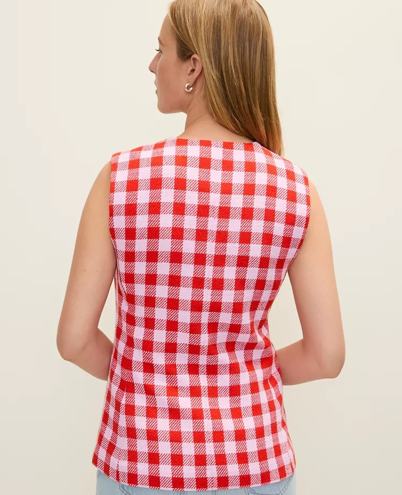 Ann Taylor The Long Crew Neck Vest Gingham Aperol Women's