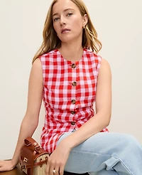 Ann Taylor The Long Crew Neck Vest Gingham Aperol Women's