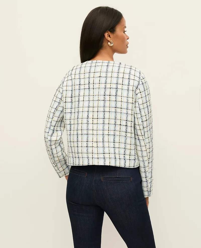 Ann Taylor The Crew Neck Jacket Plaid Cashmere Blue Women's
