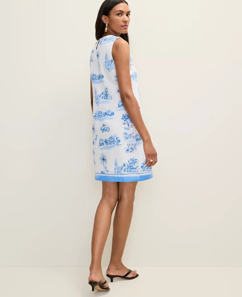 Ann Taylor Weekend Toile Linen Blend Shift Dress Wave Pool Women's