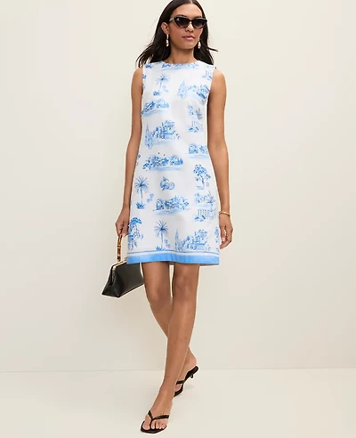 Ann Taylor Weekend Toile Linen Blend Shift Dress Wave Pool Women's