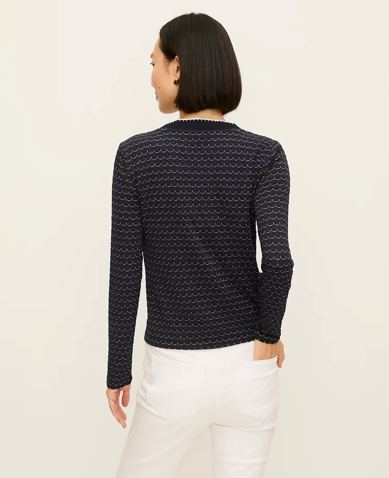 Ann Taylor Petite Scalloped V-Neck Cardigan Navy/Ivory Combo Women's