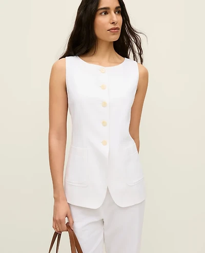 Ann Taylor The Long Crew Neck Vest Linen Blend White Women's