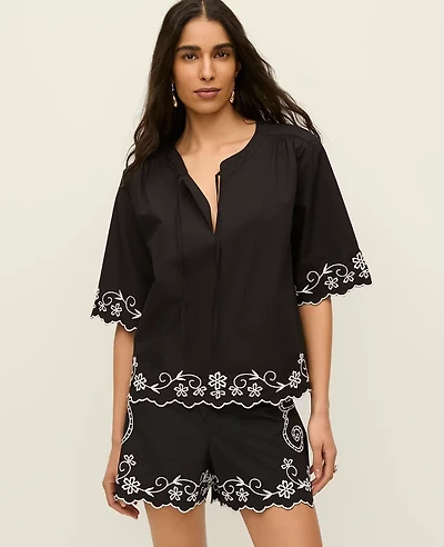 Ann Taylor Embroidered V-Neck Blouse Black Women's