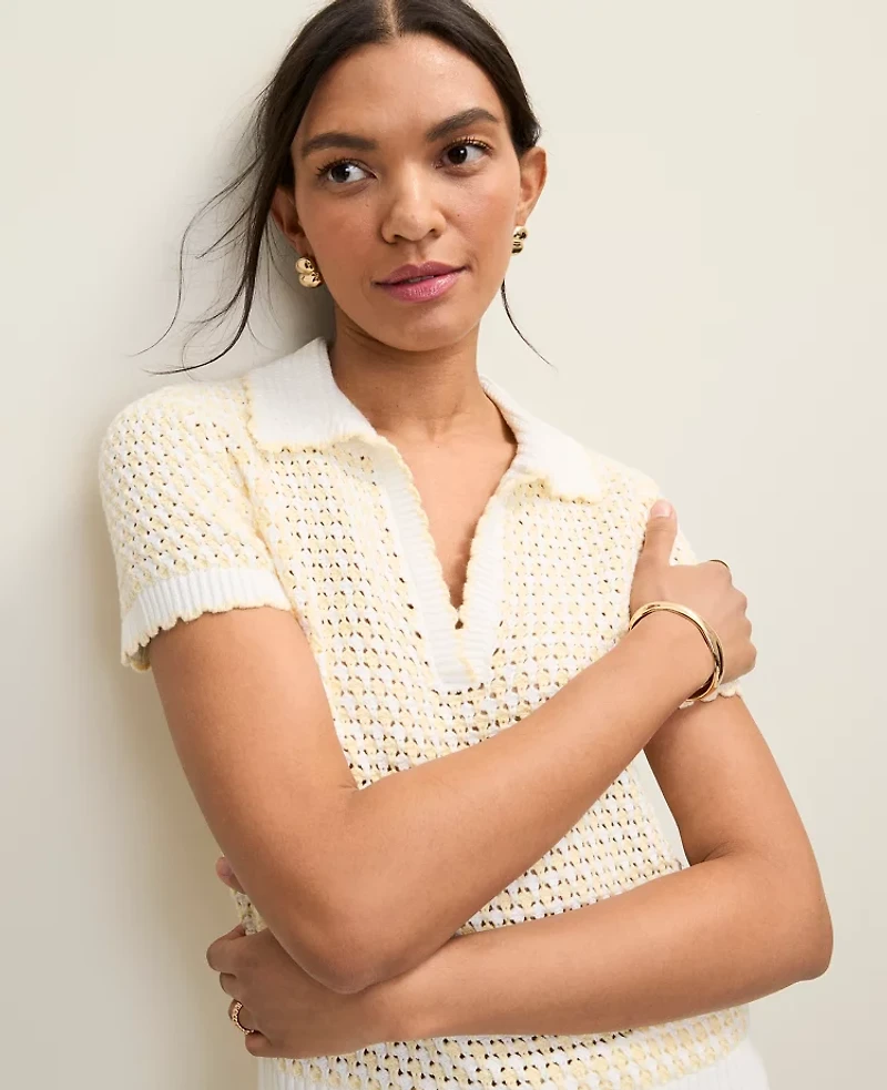 Ann Taylor Weekend Texture Stitch Polo Sweater Yellow Multi Women's