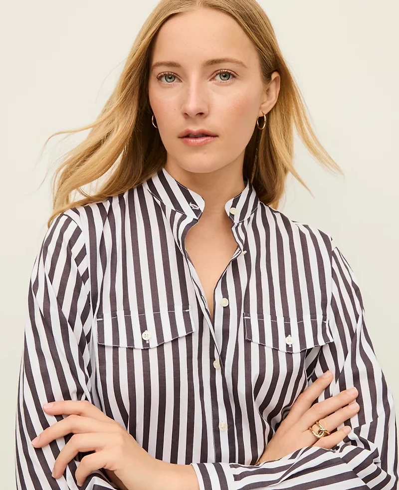 Ann Taylor Striped Oversized Pocket Shirt Charcoal/White Women's