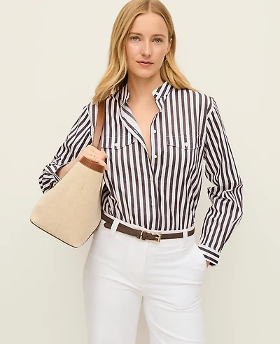 Ann Taylor Striped Oversized Pocket Shirt Charcoal/White Women's