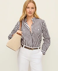 Ann Taylor Striped Oversized Pocket Shirt Charcoal/White Women's