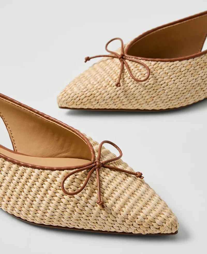 Ann Taylor Weekend Collection Straw Bow Slingback Flat Natural Tan Women's