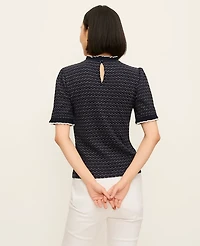 Ann Taylor Petite Scalloped Ruffle Trim Top Navy/Ivory Combo Women's