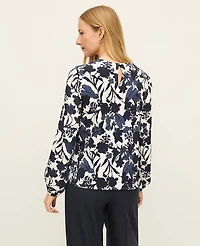Ann Taylor Floral Pleated Front Mixed Media Blouse Night Sky Women's