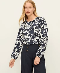 Ann Taylor Floral Pleated Front Mixed Media Blouse Night Sky Women's