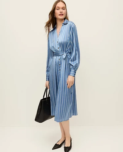 Ann Taylor Striped Satin Midi Shirtdress Muted Sky Women's