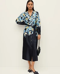 Ann Taylor Floral Satin Midi Shirtdress Sky Gazing Women's
