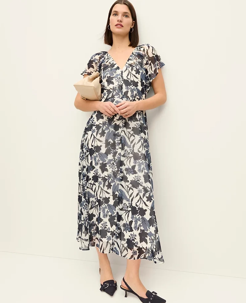 Ann Taylor Petite Floral Flutter Sleeve Midi Dress Night Sky Women's