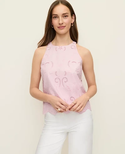 Ann Taylor Petite Eyelet Halter Tank Top Corsage Pink Women's