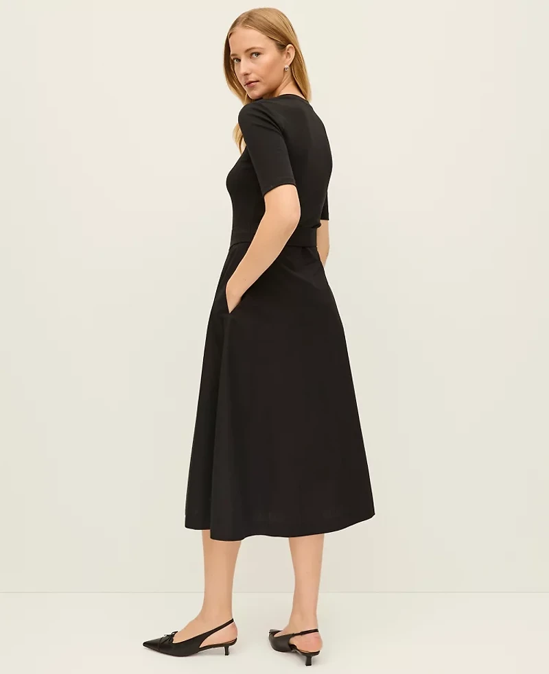 Ann Taylor Petite Mixed Media Flare Midi Dress Black Women's