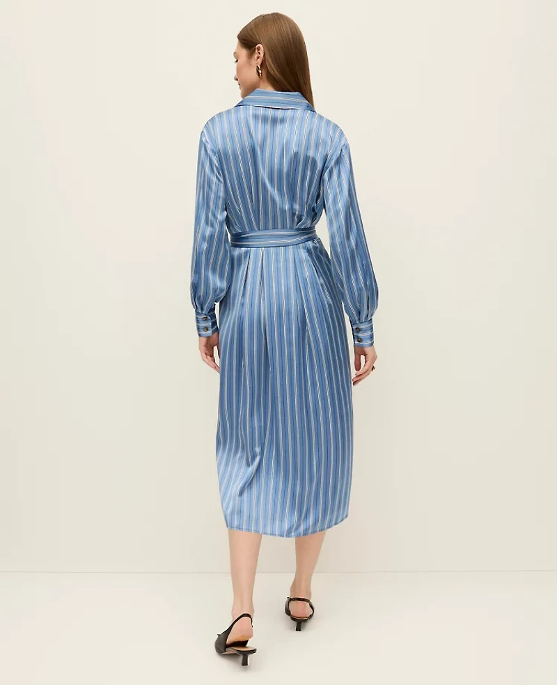 Ann Taylor Petite Striped Satin Midi Shirtdress Muted Sky Women's
