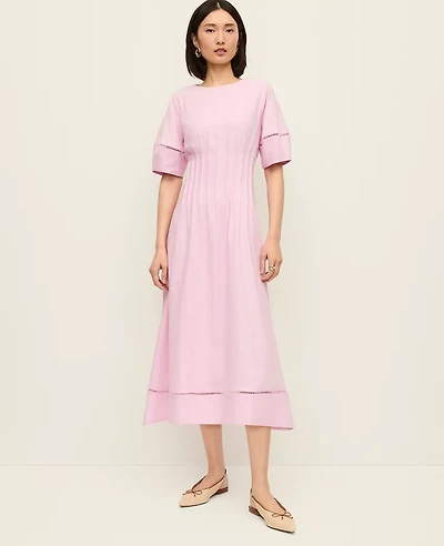 Ann Taylor Petite Pintuck Linen Blend Midi Dress Size 2 Corsage Pink Women's