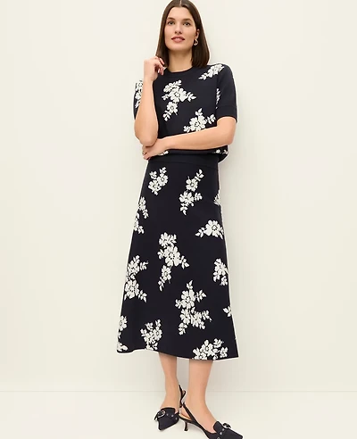Ann Taylor Petite Floral Jacquard Midi Sweater Skirt Night Sky Women's