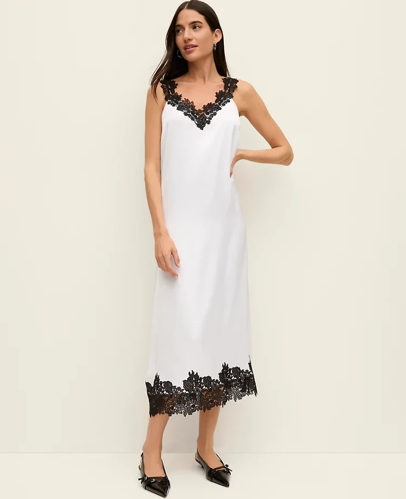Ann Taylor Petite Lace Trim Satin Slip Midi Dress White Women's