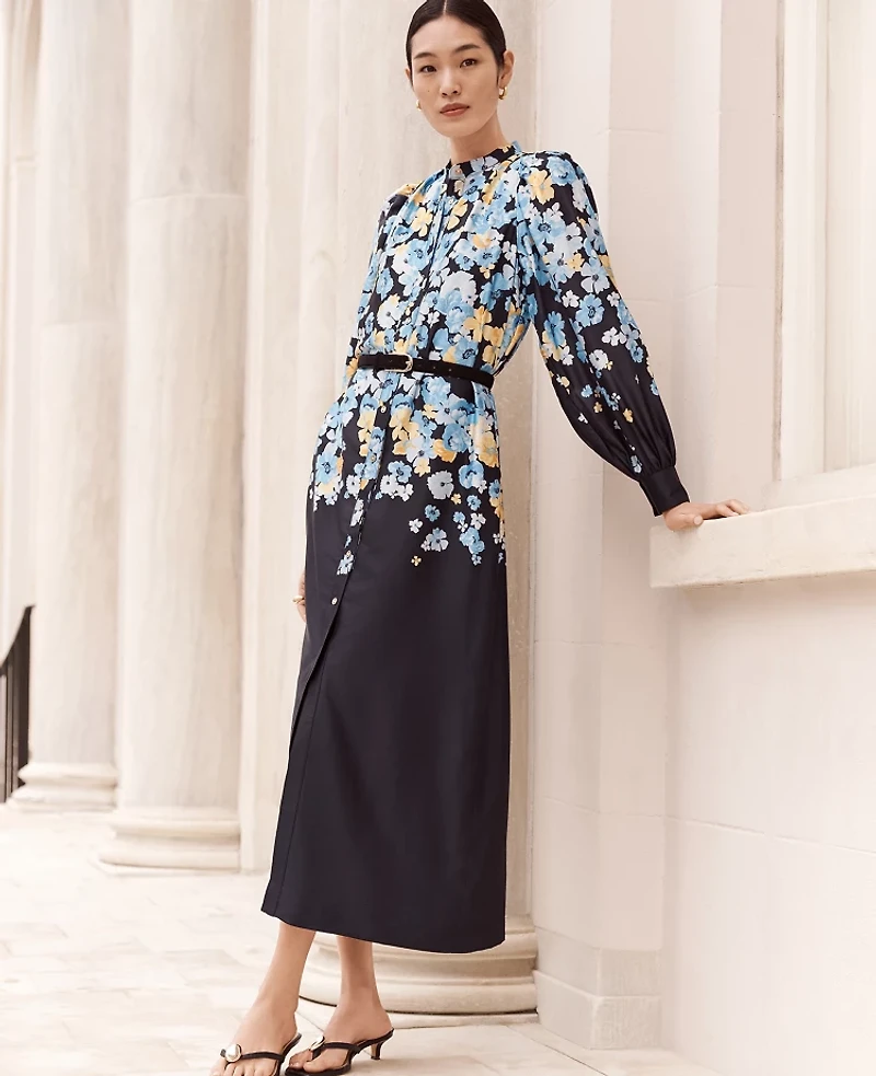Ann Taylor Petite Floral Satin Midi Shirtdress Sky Gazing Women's