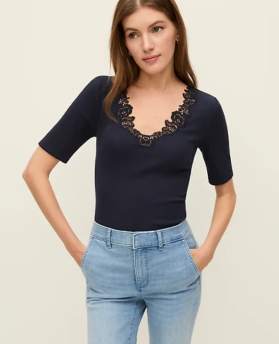 Ann Taylor Weekend Collection Lace Trim T-Shirt Women's