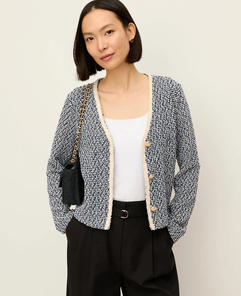 Ann Taylor Petite Cropped Tweed Jacket Blue Multi Women's