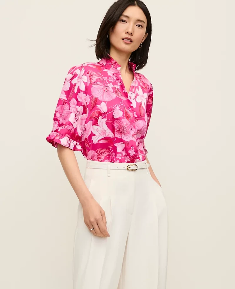 Ann Taylor Floral Ruffle Collar Blouse Bougainvillea Women's