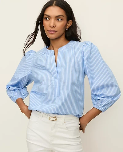 Ann Taylor Petite Striped V-neck Blouse Pure Azure Women's