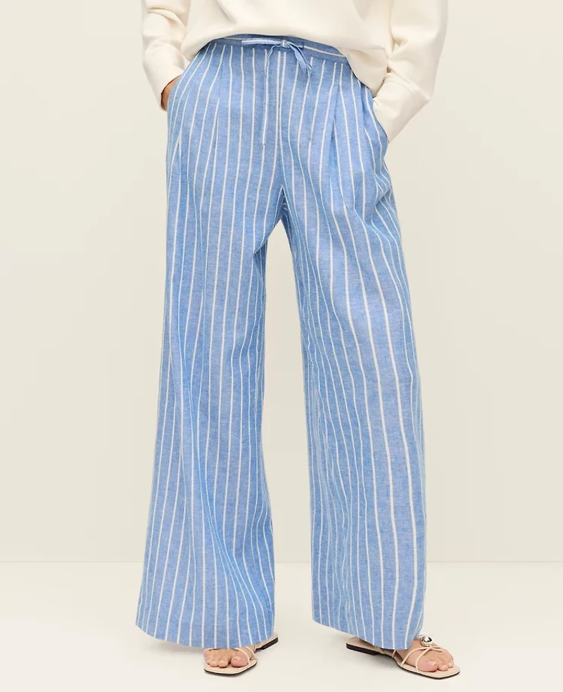 Ann Taylor Weekend Collection Striped Pull On Wide-Leg Pant Linen Medium Blue/ White Stripe Women's