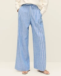 Ann Taylor Weekend Collection Striped Pull On Wide-Leg Pant Linen Medium Blue/ White Stripe Women's