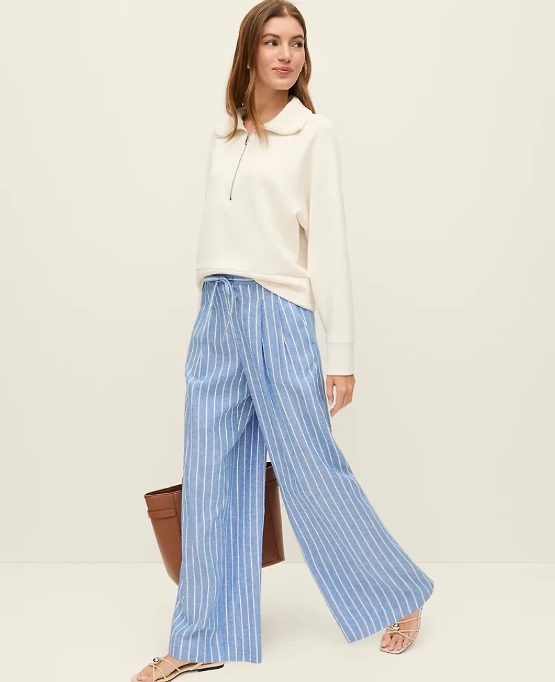 Ann Taylor Weekend Collection Striped Pull On Wide-Leg Pant Linen Medium Blue/ White Stripe Women's